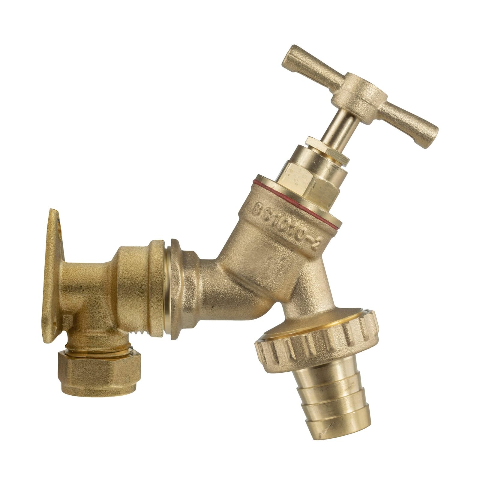 22 mm Brass Wall Flange Kit with Barbed Garden Tap - Wall Mounted Compression Elbow for 22 mm Copper Pipe Plus 3/4 Inch BSP Bib Tap with 3/4 Inch Hose Barb Outlet - Outdoor Water Connection