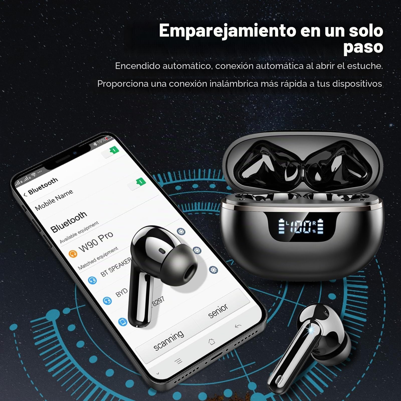 Auriculares Inalambricos Bluetooth, 2026 Auriculares inalámbricos 5.4 HiFi Estéreo, 48H Cascos Bluetooth con 4 ENC Cancelacion Ruido HD Mic, IP7 Impermeable Cascos Carga Rápida Tipo-C /Pantalla LED