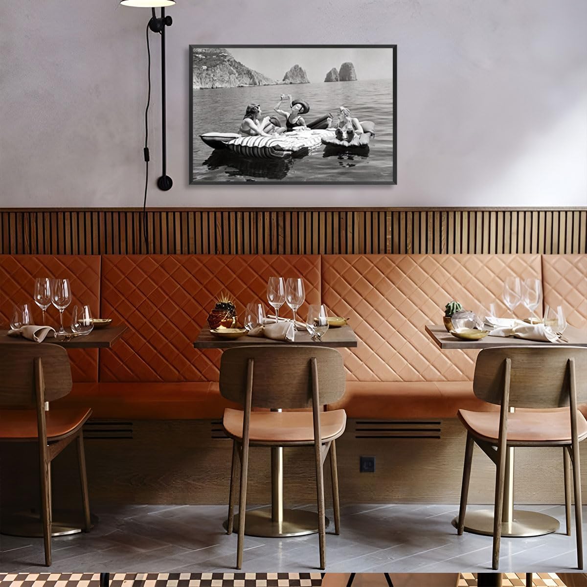 Dcvjiy Eating Spaghetti On The Water Vintage Poster Trendy Italian Capri Island Canvas Wall Art Funky Champagne Bar Cart Prints Painting For Living Room And Bedroom Party Wall Decor 16x24in Framed