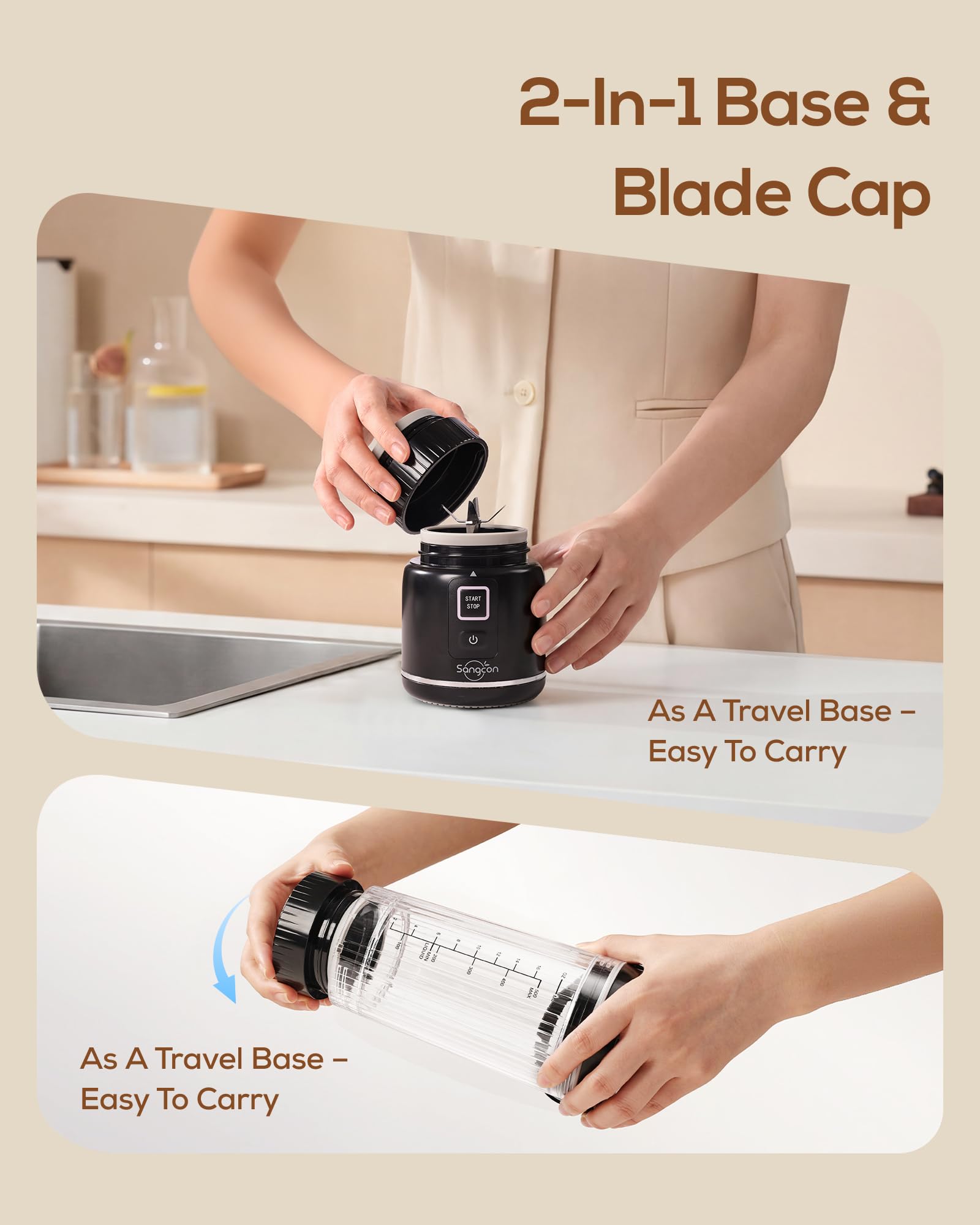 Sangcon Blender Portable 500ml, Mixeur Smoothie USB Rechargeable, Mini Blender pour Fitness, Bureau & Voyage, Blender Personnel 6 Lames & 2 Modes, Mixe Glace & Fruits Surgelés, Noir