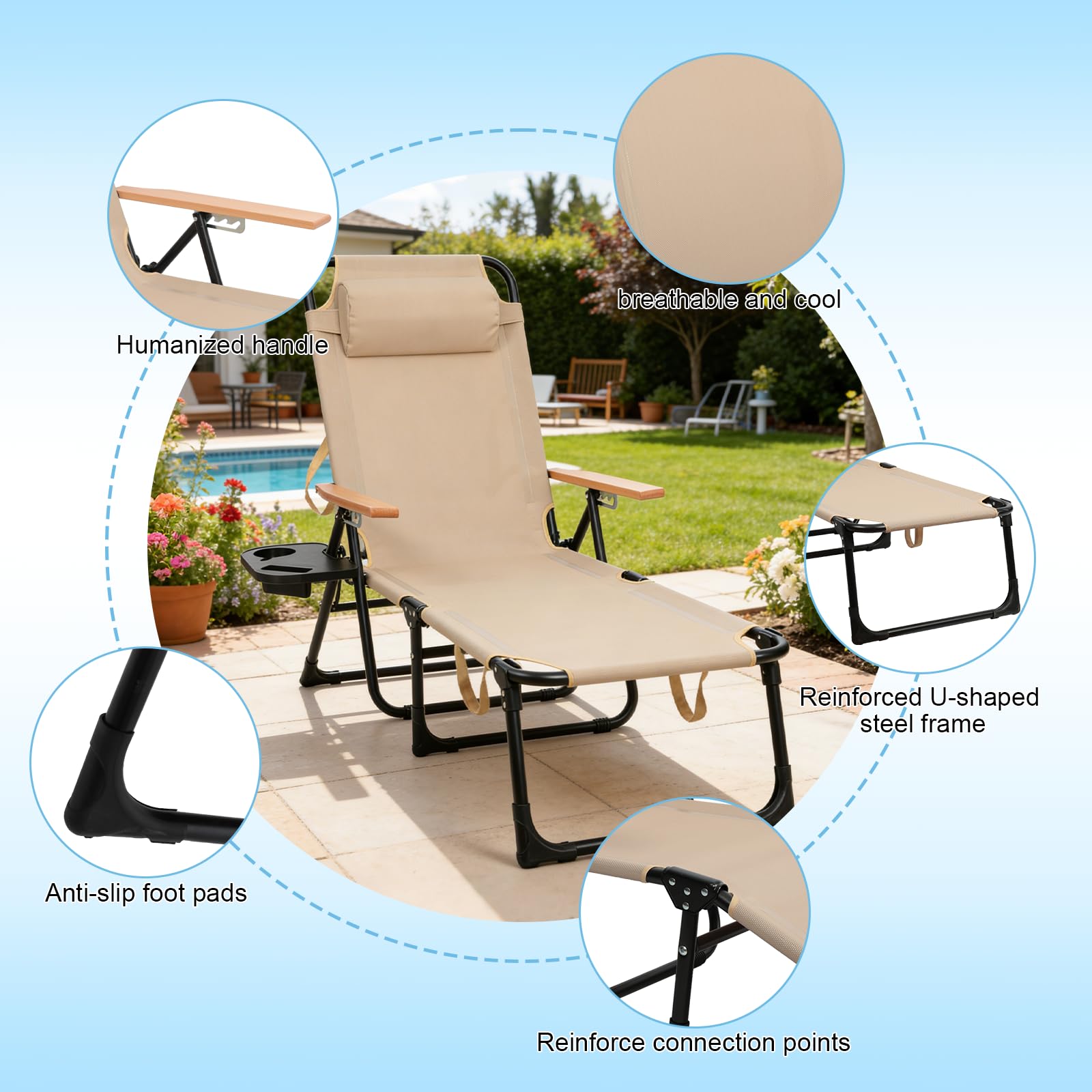 Strandliege Klappbar Leicht, Gartenliege Wetterfest ,Sonnenliege mit Rstellbarer Rückenlehne, Nackenkissen und Getränkehalter, Liegestuhl Für Balkon, Garten, Pool und Strand (Beige mit Baldachin)