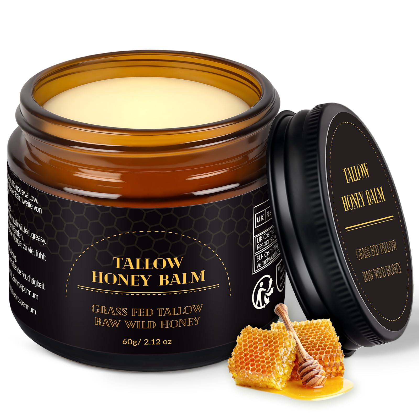 Beef Tallow Creme, Rindertalg Creme, Tiefe Hydratation & Feuchtigkeitscreme, Gefütterter Rindertalg und Honigbalsam für Empfindliche, Trockene Haut, Beef Tallow Honey Balm 60g
