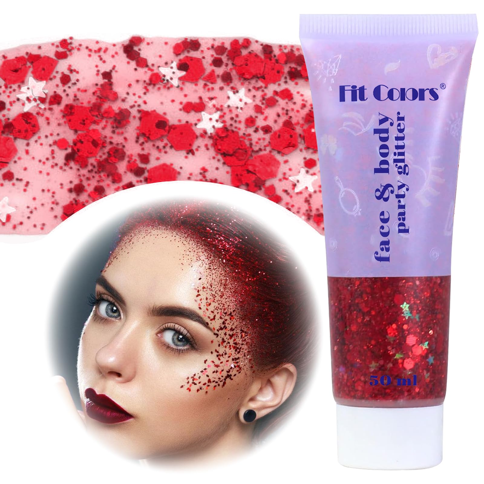 50ML Gel con Purpurina para el Cuerpo, Body Glitter Gel, Sombra de Ojos Liquida Brillante, Gel en polvo para Festivales, Lentejuelas de Sirena, Uñas, Cosméticos, Mascaradas (Rojo)