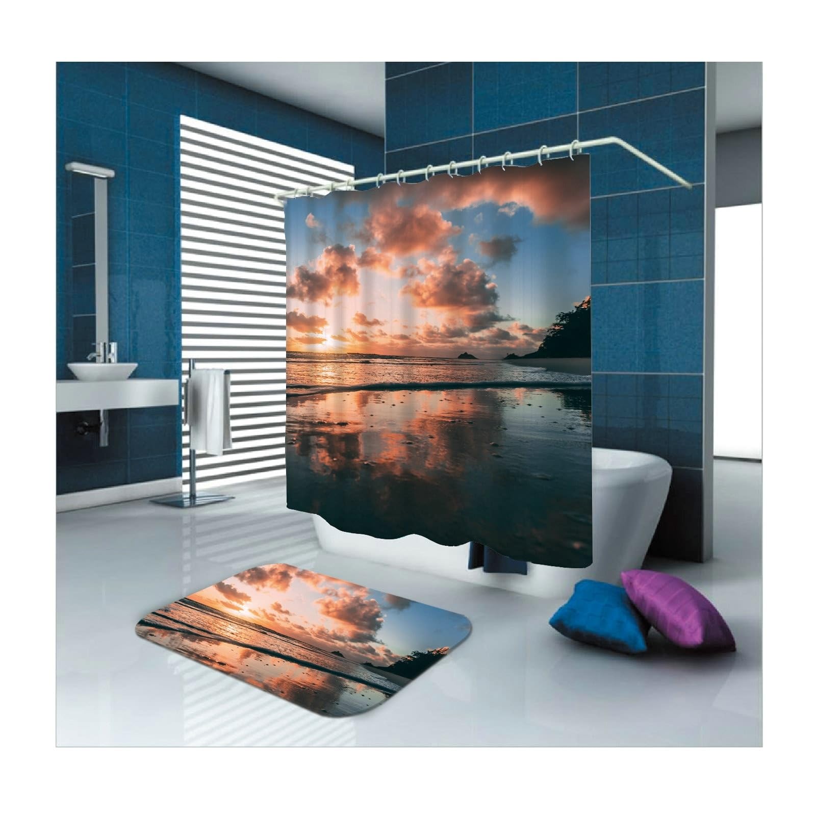 Rideau de douche 150x180 cm orange et noir motif coucher de soleil en polyester textile lavable