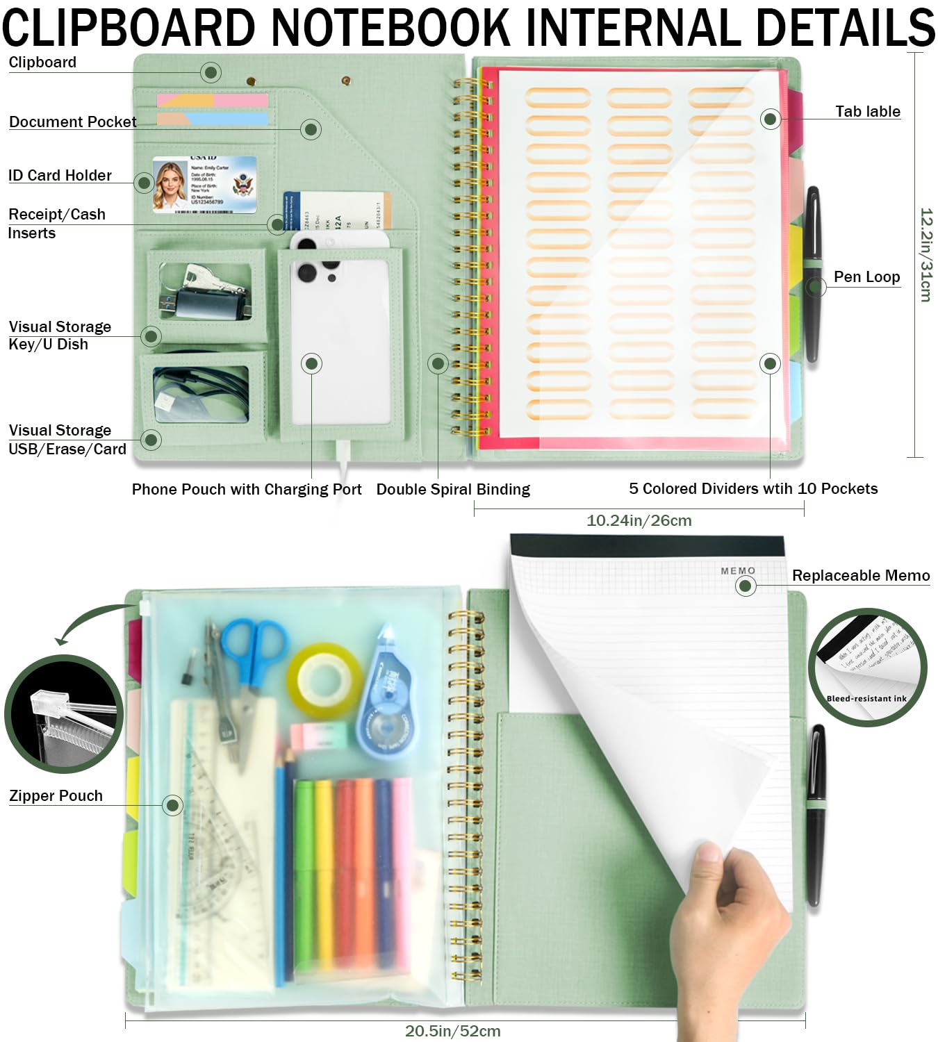 Sauge Porte-bloc pliable à spirale avec pochette de rangement zippée, 5 dossiers en plastique avec poches, bloc-notes ligné rechargeable (21,6 x 27,9 cm), organiseur de projet à couverture