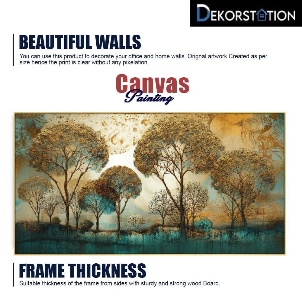 DEKORSTATION Abstract Gold and Blue Tree Landscape Floating Frame Landscape Canvas Wall Painting for Wall Decoration For Living Room Bedroom Office Decor (24 Inch L x 12 Inch H) 3