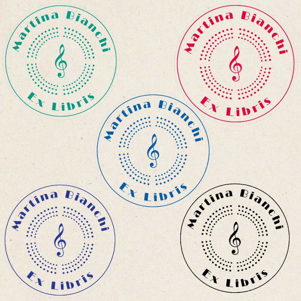 Trodat Timbro Ex Libris Monogramma PERSONALIZZATO "Musical Broadway", Impronta Rotonda Ø 42 mm, Autoinchiostrante Printy, Libri, Biblioteca, Club del Libro (Impronta Verde)