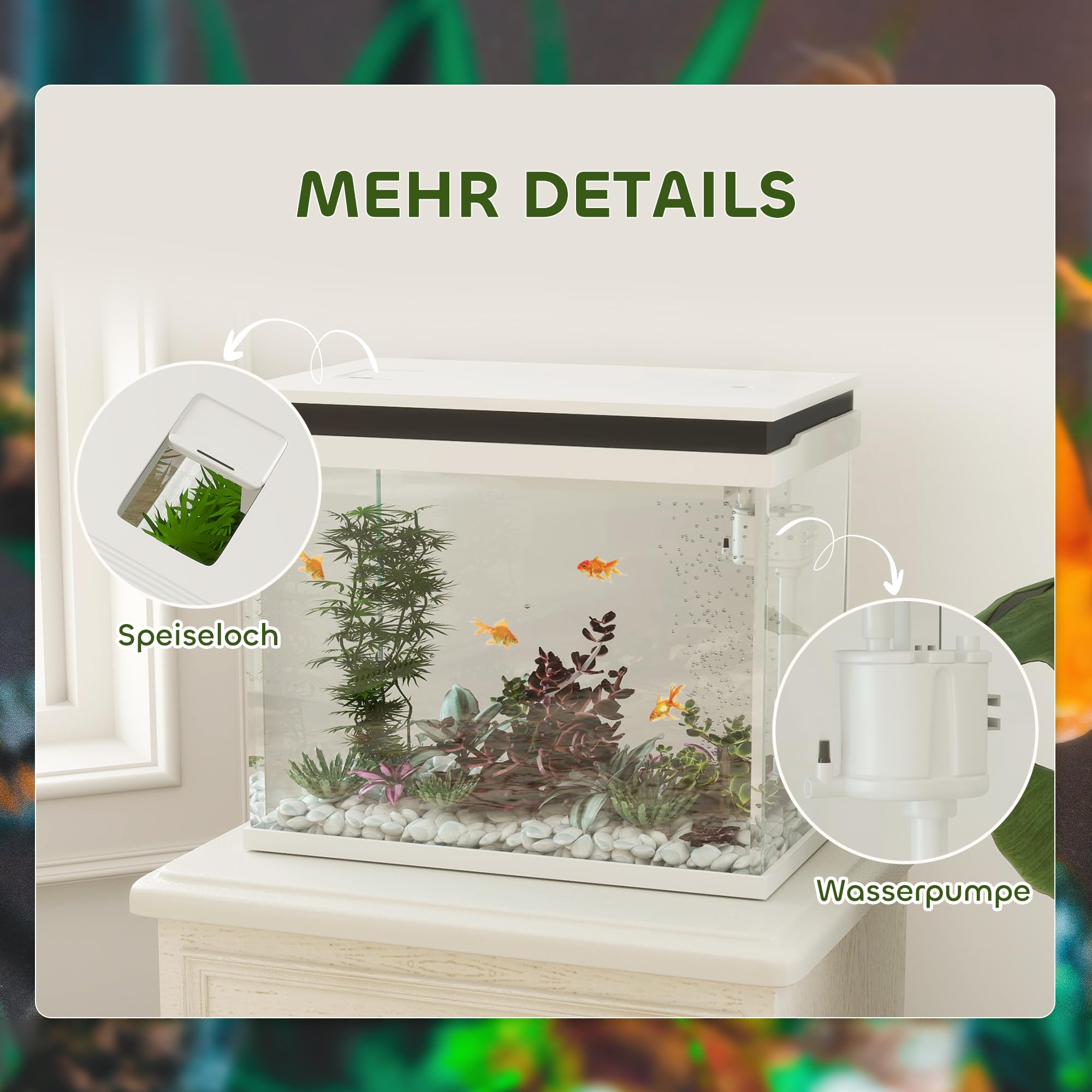PawHut Aquarium 41L Einsteigerbecken mit LED-Beleuchtung, Eingebautem Filtersystem, Pumpe, 48 x 30 x 41 cm Glasbecken Fischbecken für Fische und Wasserpflanzen Weiß