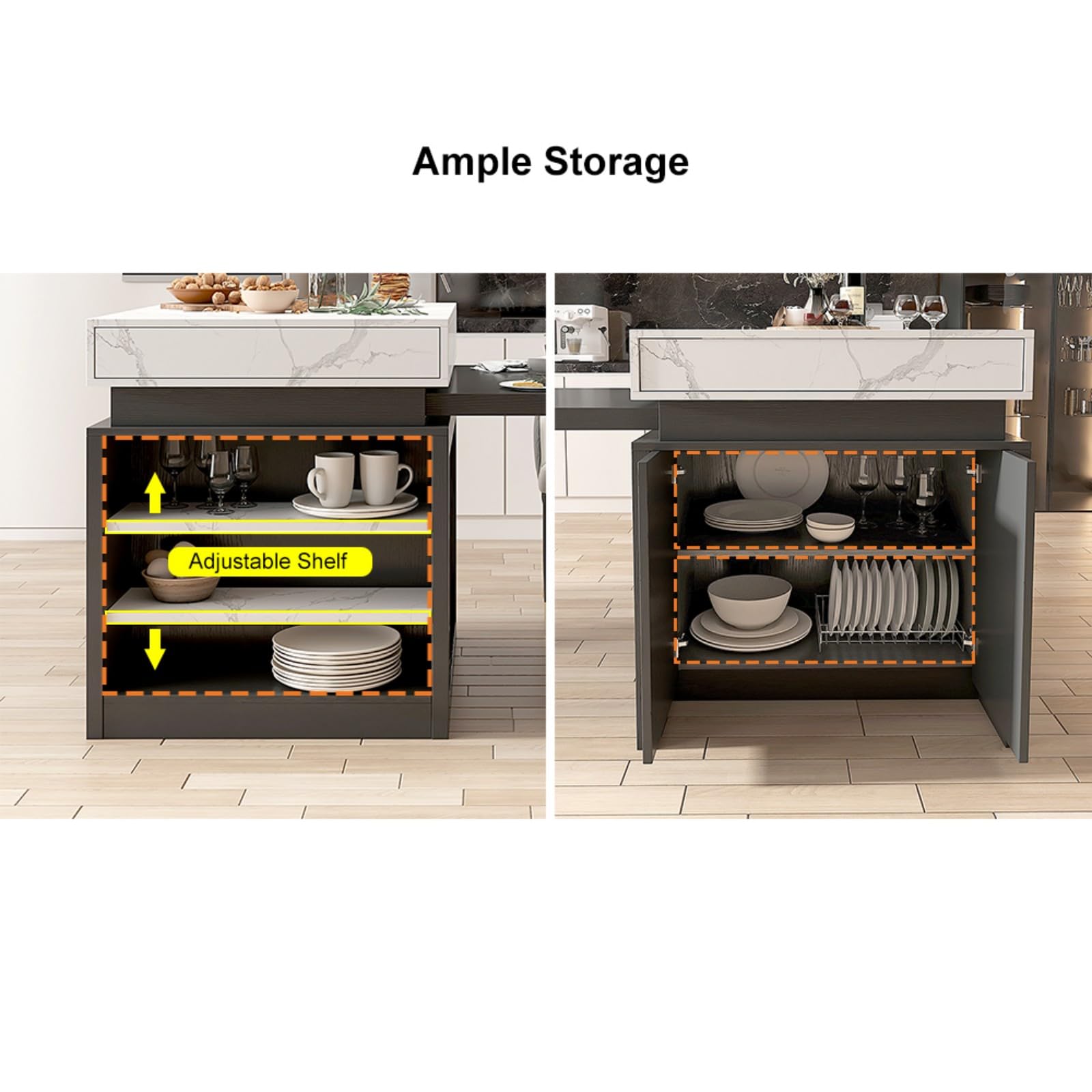 Homary Isla de Cocina Extensible con Almacenamiento múltiple para Cocina y Comedor, hacia la Derecha 185-235cm x 90cm (Blanco Mate y Negro)