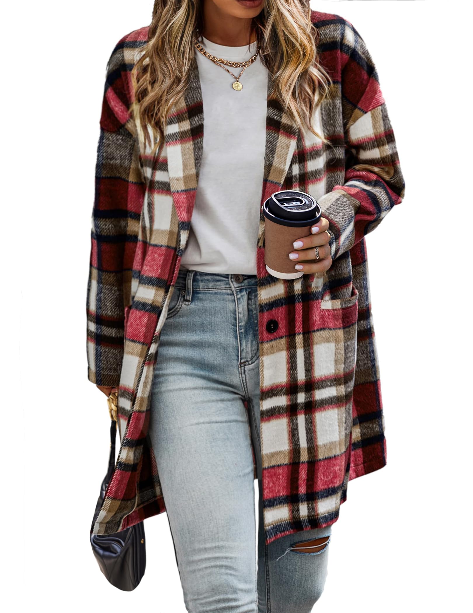 INVOLAND Womens Plus Size Flannel Plaid Shacket Coat Lapel Button Wool Blend Winter Tartan Trench Coat Jacket with