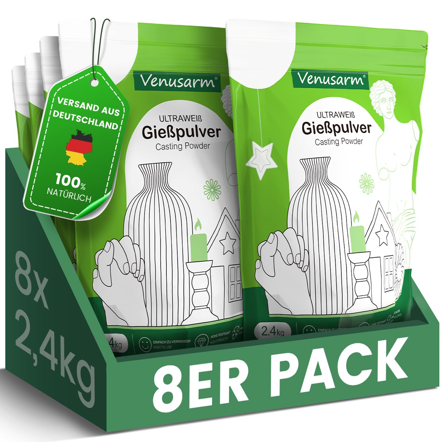 Venusarm Gießpulver Weiß 19,2kg [TESTSIEGER] – Natürliches Gießpulver für Kreative Projekte, Gips zum Gießen für DIY Kunsthandwerk