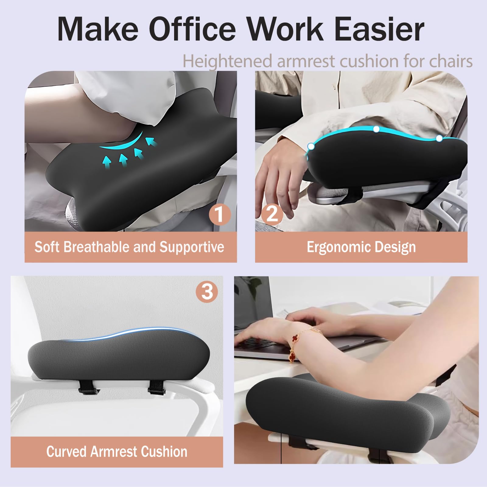 Uniwersalne podkładki pod podłokietniki na krzesło biurowe, ergonomiczna pianka z pamięcią kształtu, antypoślizgowa, łagodząca nacisk, miękka poduszka podtrzymująca łokieć, do gier komputerowych i