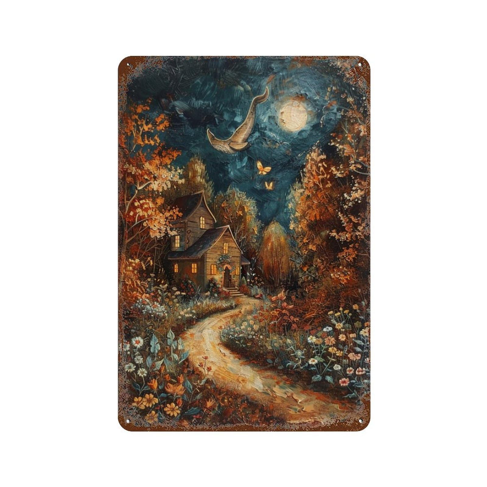 Rust Effect Whimsical Forest Cottage Scene Rusty Metal Tin Sign 11.8"x7.9", Old School Wall Decor for Garage, Bar And Workshop Decor