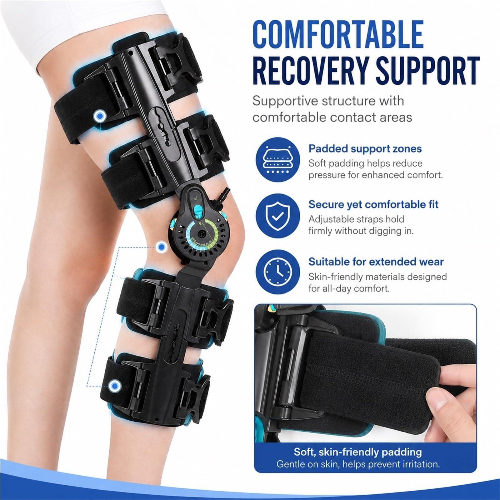 Rodillera Articulada ROM con Estabilizadores Laterales Soporte de Rodilla Ajustable Postoperatorio para Lesiones de Menisco ACL MCL PCL Ortopedia Médica para Hombre y Mujer