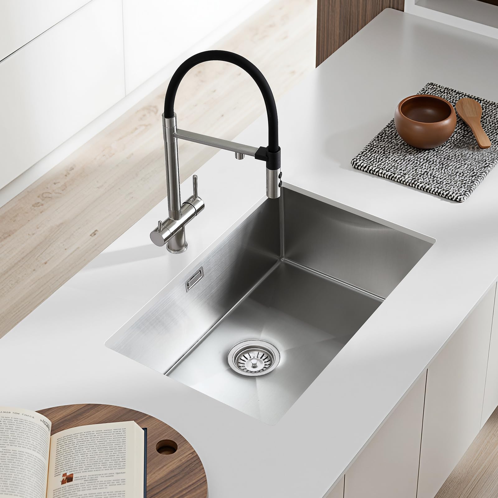 Fregadero rectangular de acero inoxidable 304, bajo encimera de 75 x 45 cm, fregadero para bajo encimera de acero inoxidable, con rebosadero, fregadero de cocina con rebosadero, 1 lavabo