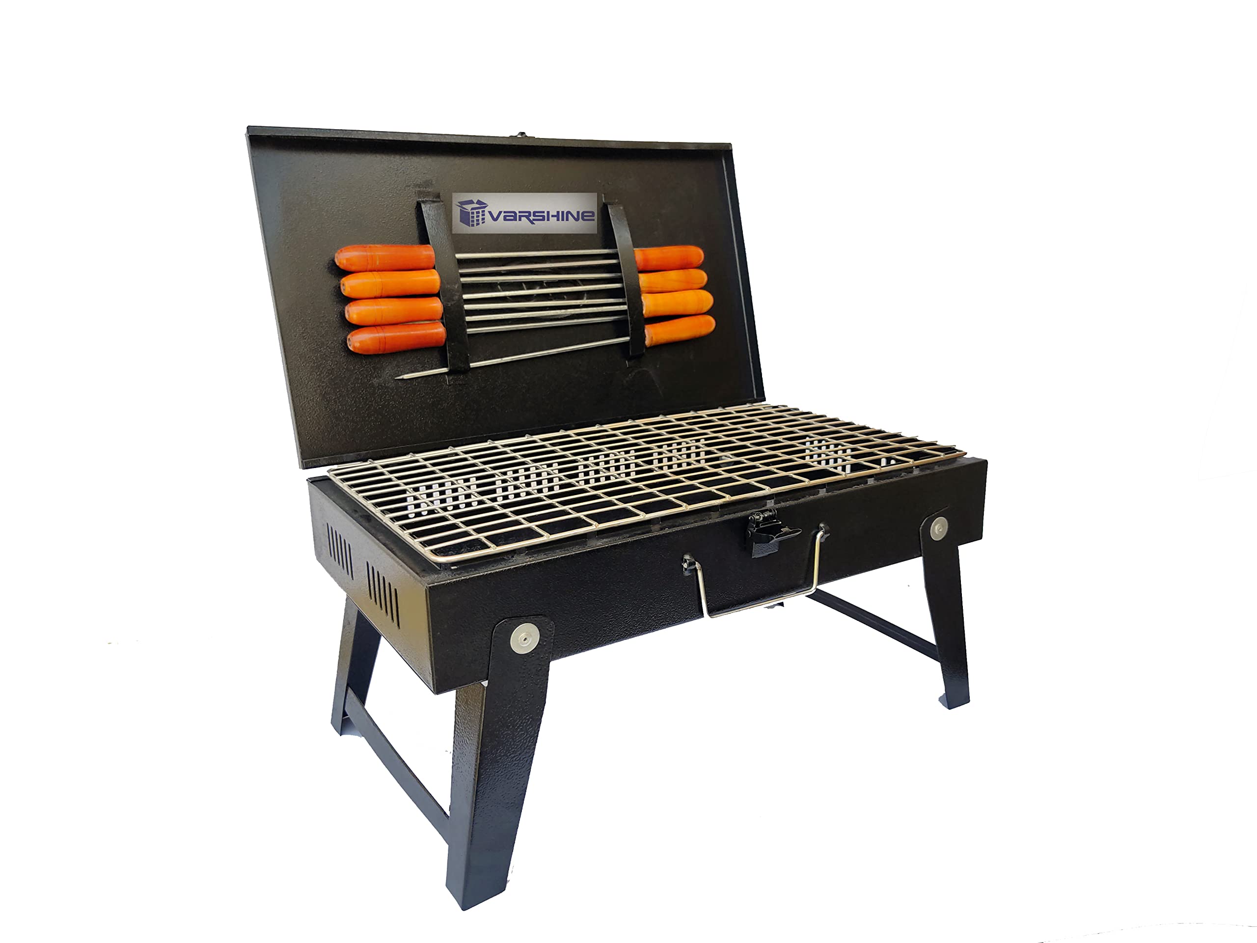 VARSHINE Barbecue with 7 Skewers and Wooden Handle || 1 Iron Grill and 1 Charcoal Packet for Terrace || Garden || Home || Party || Stylish Design || Metal Body || Model-BS7 | S#1413