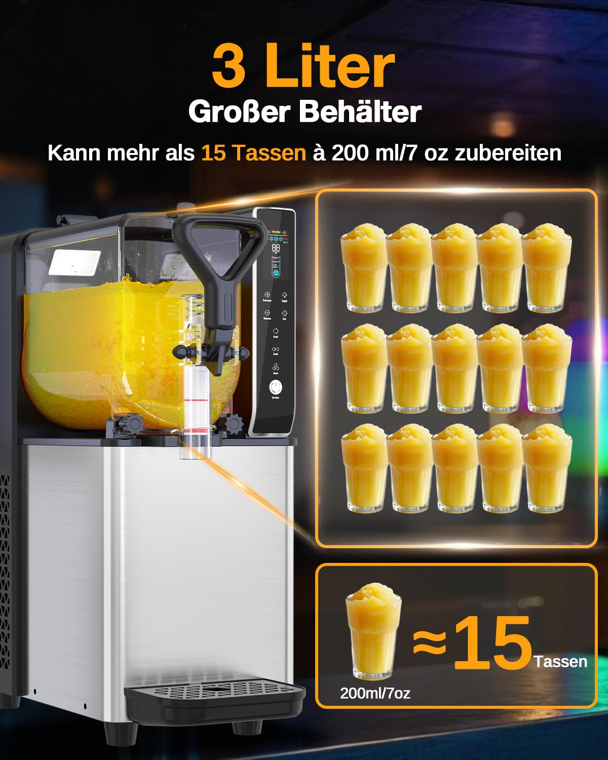GSE Slush Maschine, 3L Kompressor Slushie Eisbereiter für Geschäft & Zuhause, Slush Ice Maker Cocktail, Margarita, Frozen Drinks, 30-60 Minuten Zubereitungszeit, Automatische Reinigung, 290W