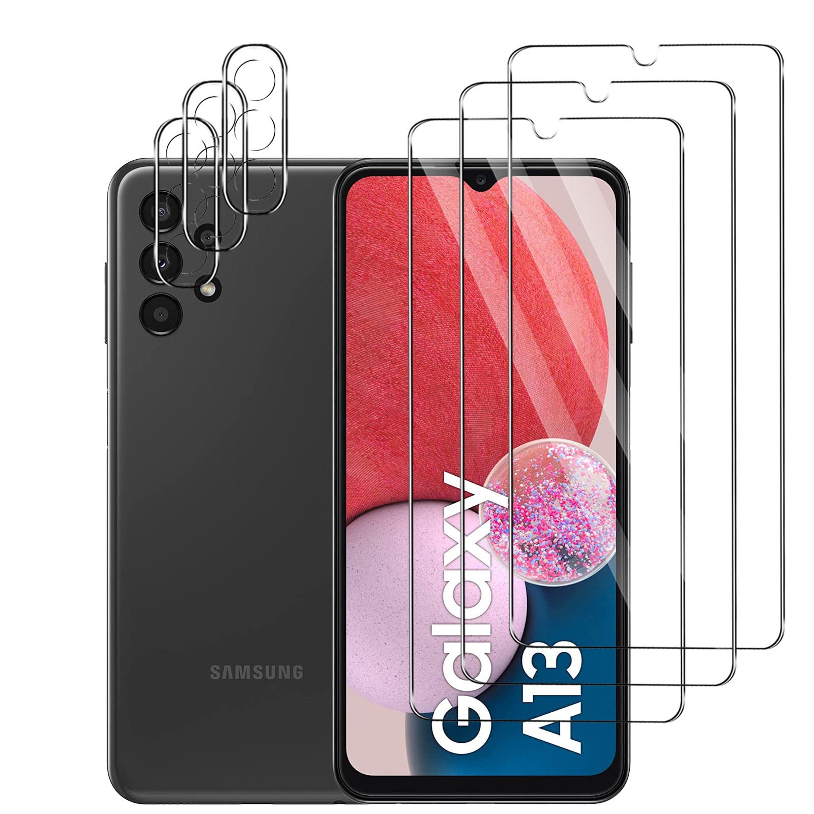(3 + 3 pieces) Tempered Glass Screen Protector for Samsung Galaxy A13 + Camera Film, 9H Hardness Tempered Glass Film, Anti-Fingerprint, HD Tempered Glass Film for Samsung Galaxy A13 (Transparent)