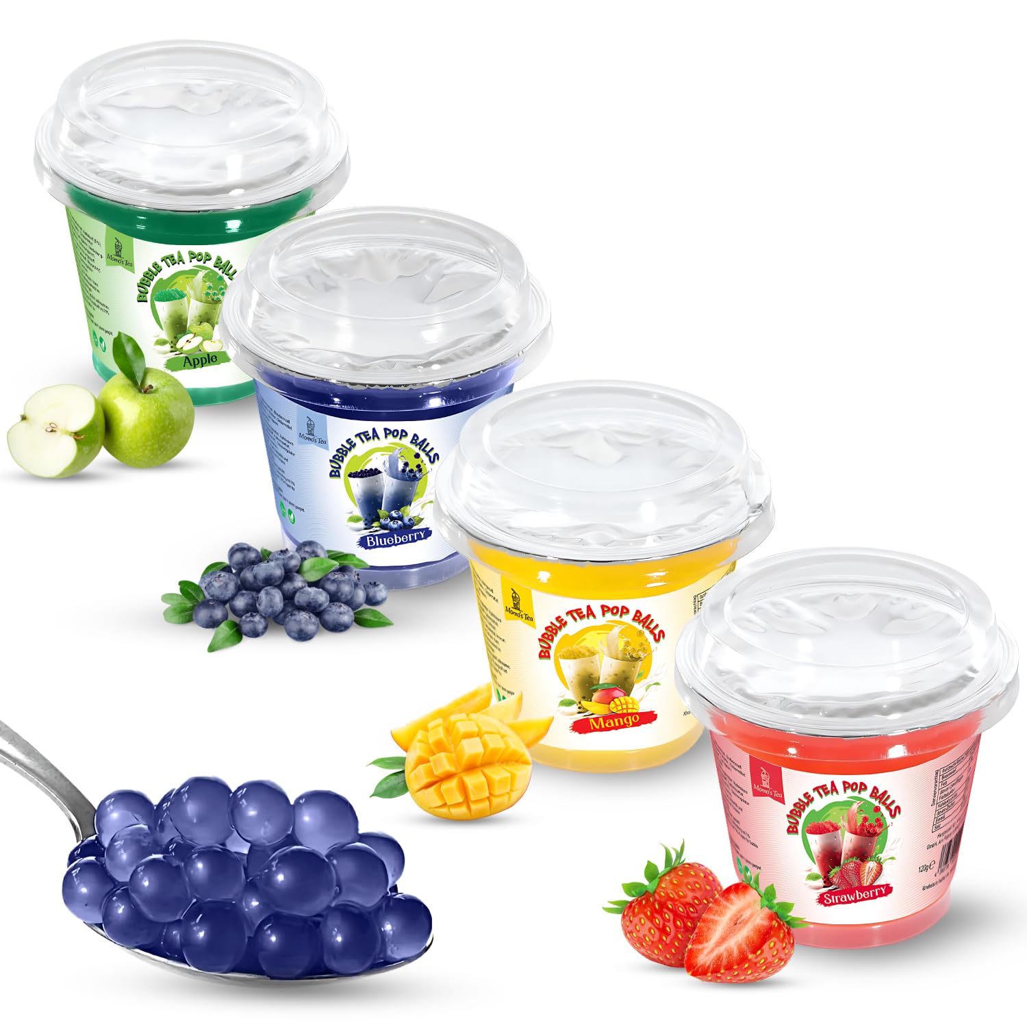 Momó's Tea® Bubble Tea Perlen Set - 4er-Pack [Blaubeeren, Erdbeeren, Mango,Litschi] - 100% vegan, halal, glutenfrei