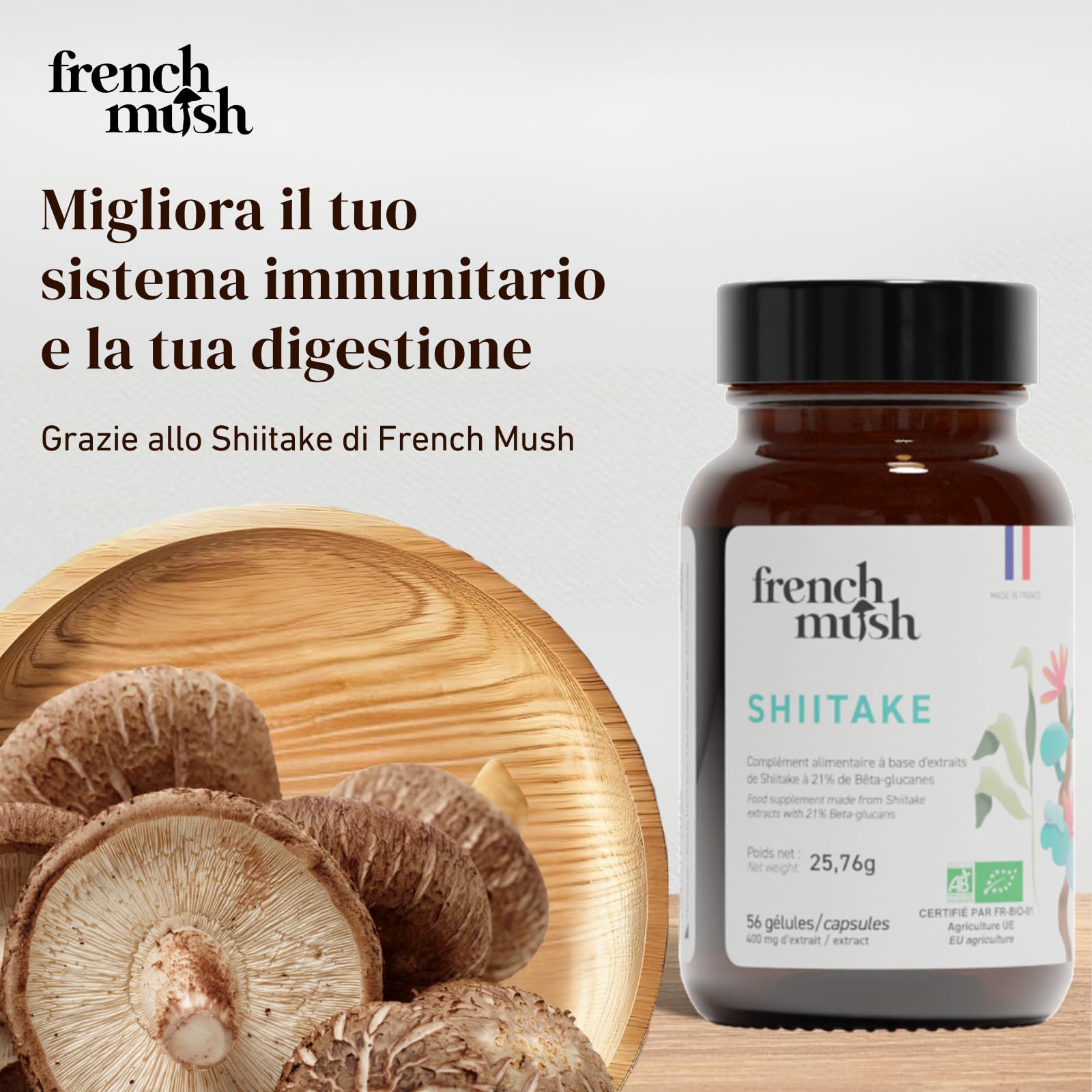 French Mush Shiitake Bio – 56 Capsule Vegane – Immunità, Digestione e Benessere Generale – Estratto Concentrato di Shiitake (Lentinula edodes) – 2 Capsule/Giorno – 100% Bio e Prodotto in Francia
