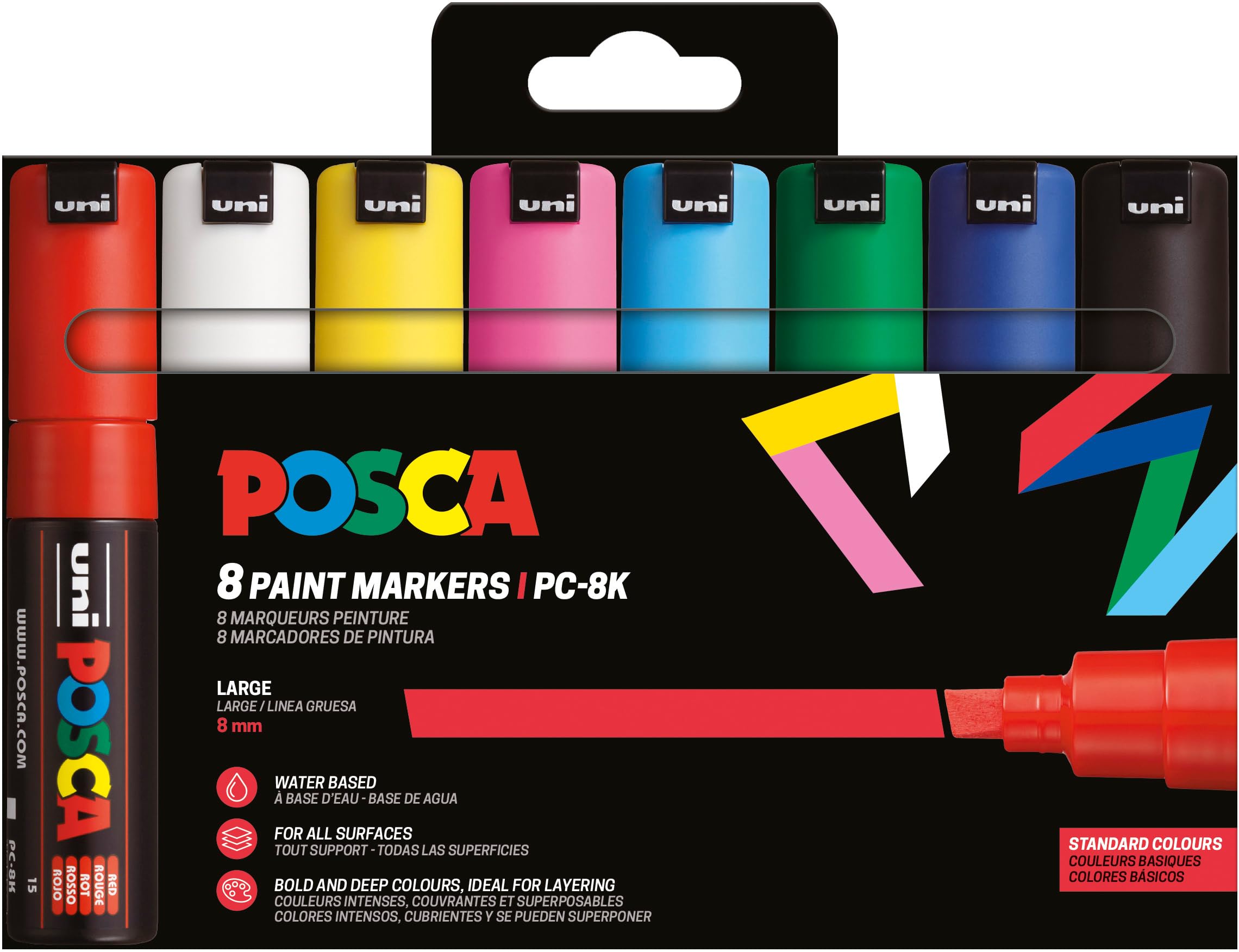 Posca Marker Set 8 PC-8K Acrylic Pens 8mm Wedge Tip Permanent Marker Pen, Standard Colours, 1 count (Pack of 8)