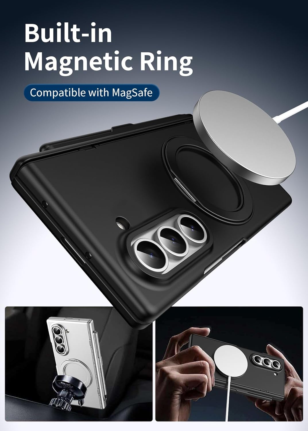 360° Spin Magnetic Stand for Galaxy Z Fold 5 Case, Hinge Protection, Fit for Mag-Safe, 360 Kickstand & Ring Holder, Case for Samsung Galaxy Z Fold5 with a Stylus Pen-Silver