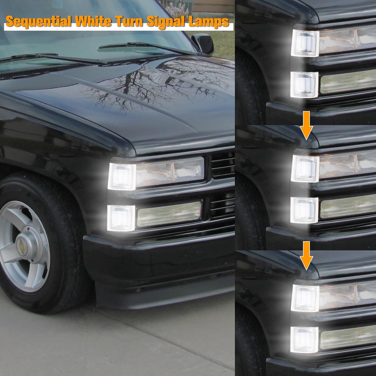 Gempro Sequential White LED Corner Side Marker Turn Signal Lights for Chevy C/K 1500 2500 3500 1994-1998 C10 Pickup Truck Silverado Suburban Tahoe Front Grill Lights, 4PCS (Clear Len)