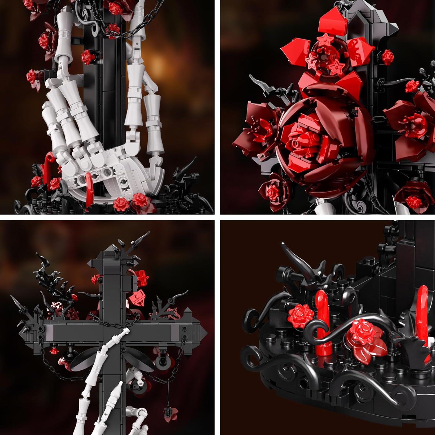 DRZYJ Gothic Rose Cross Building Set for Adults, 598PCS Dark Red Rose Bouquet Blocks with Skeleton Hand, Halloween Desk Decor, Romantic Gothic Gift for Teens 14+ and Collectors
