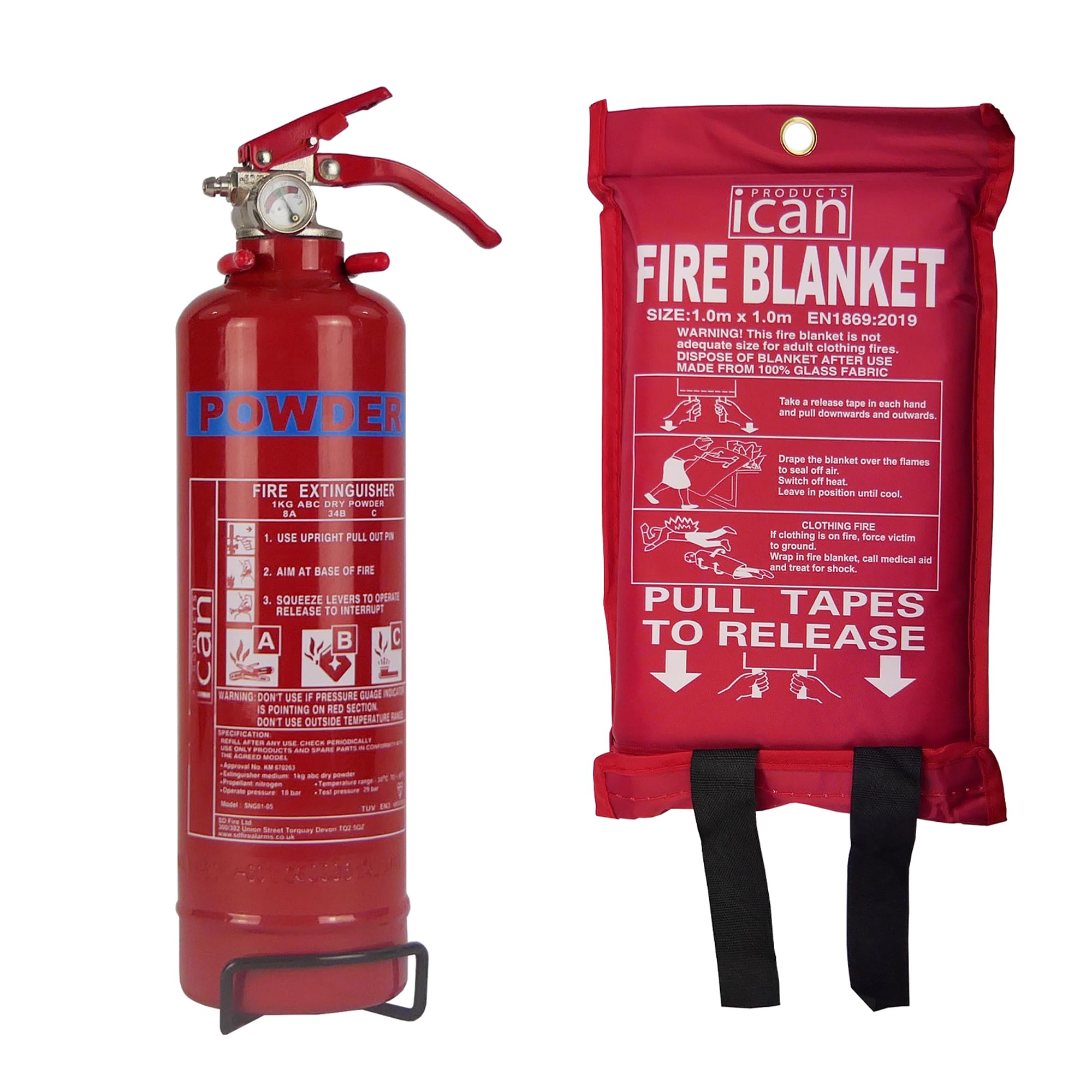 Ican Products Home Safety 1Kg Dry Powder Fire Extinguisher And 1.0M X 1.0M Soft Case Fire Blanket