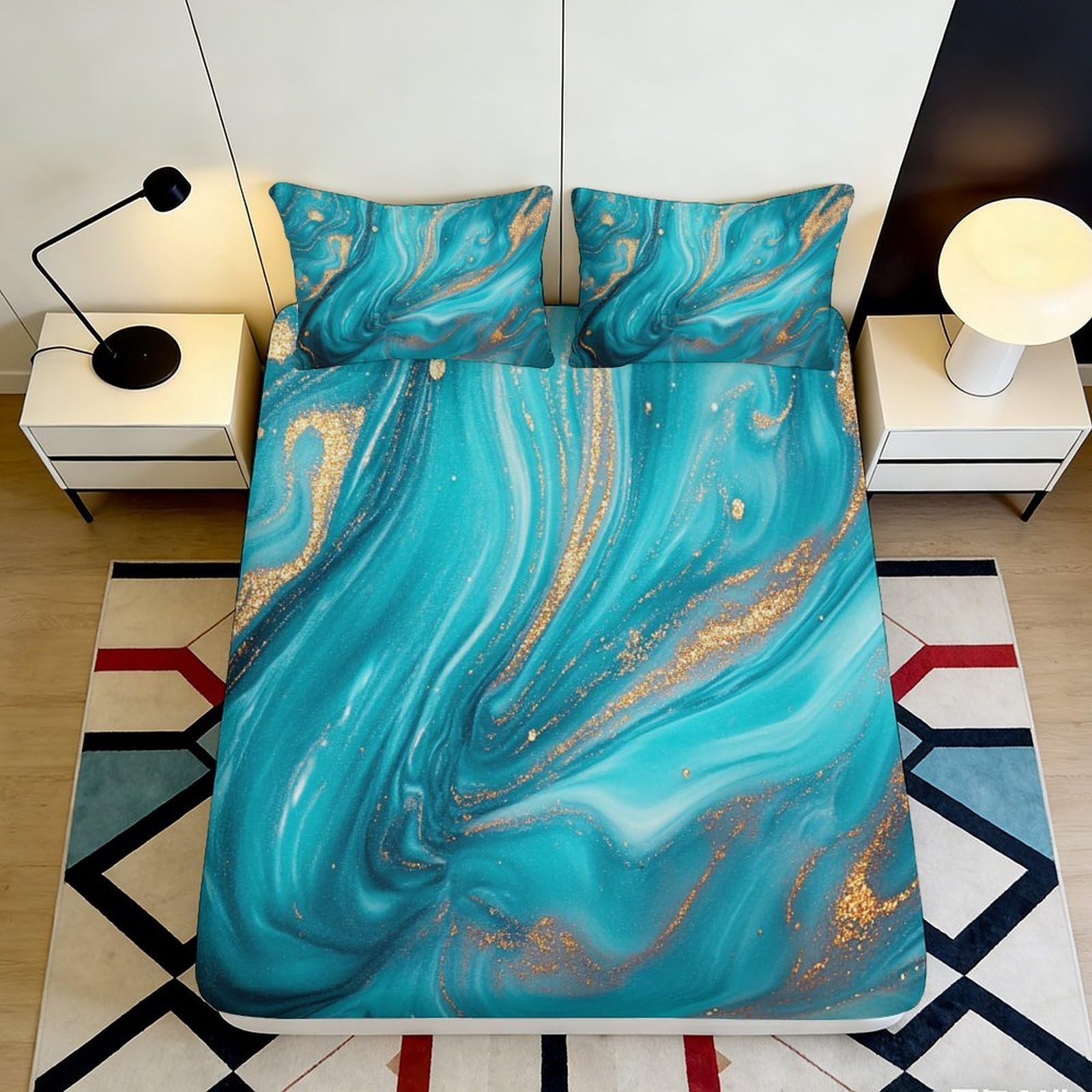 3D Printed Blue Gold Marble Fitted Sheet Microfiber Soft Breathable Turquoise Swirl Bed Cover for Bedroom Dormitory Guest Room Mattress Protection Decor 120x200x25cm