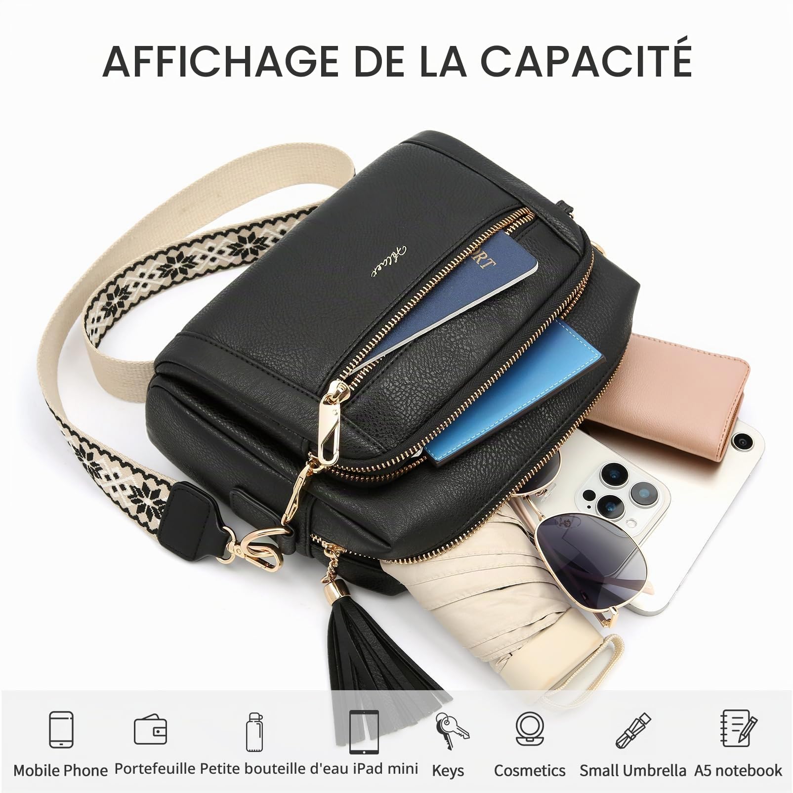 Sacs Bandoulière Femme avec Antivol, Sac a Main Femmes Bandoulieres 4 Compartiments, en Cuir PU avec Sangle Réglable et Large Amovible