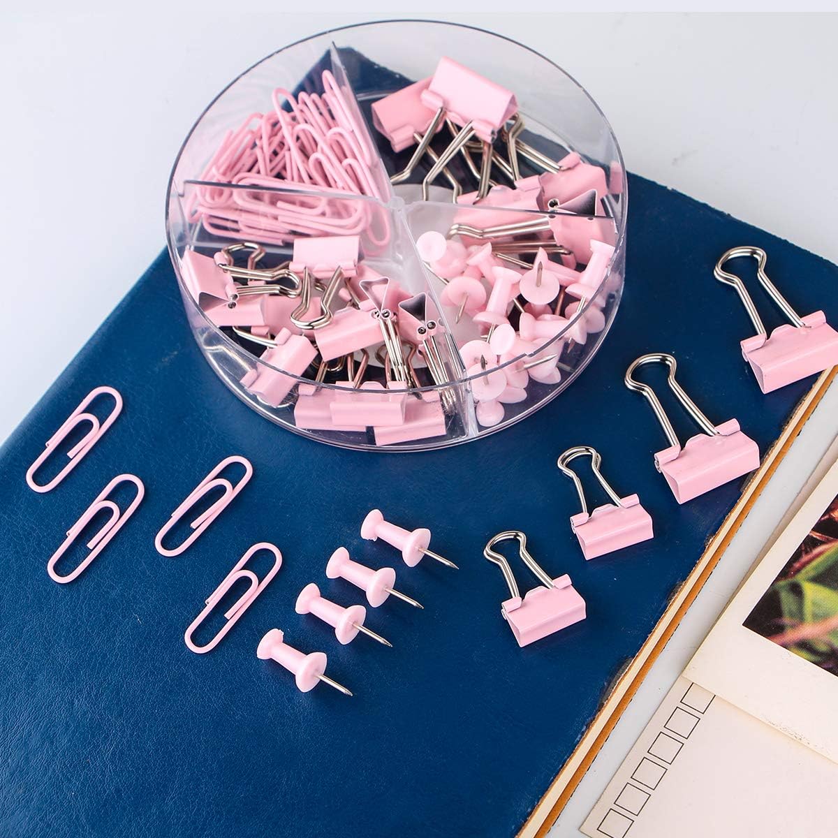 Push Pins Binder Clips Paperclips Sets for Office, School and Home Supplies, Desk Organized, 72 Pcs Assorted Sizes (Pink)