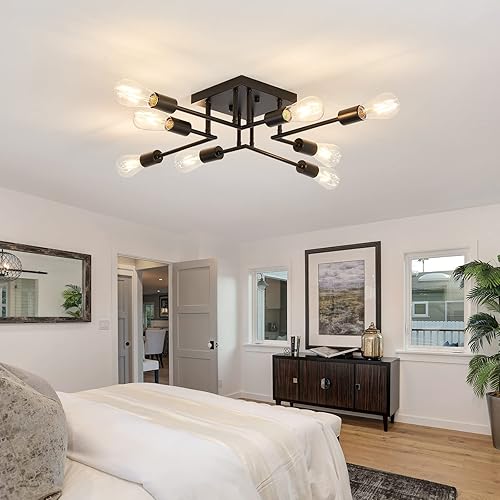 Miniatura 7 de ASGYISA Lámpara de Techo Semiempotrable de 8 Luces, Accesorio de Iluminación Moderno de Metal Negro Estilo Sputnik con Base de Bombilla E26, Luz de
