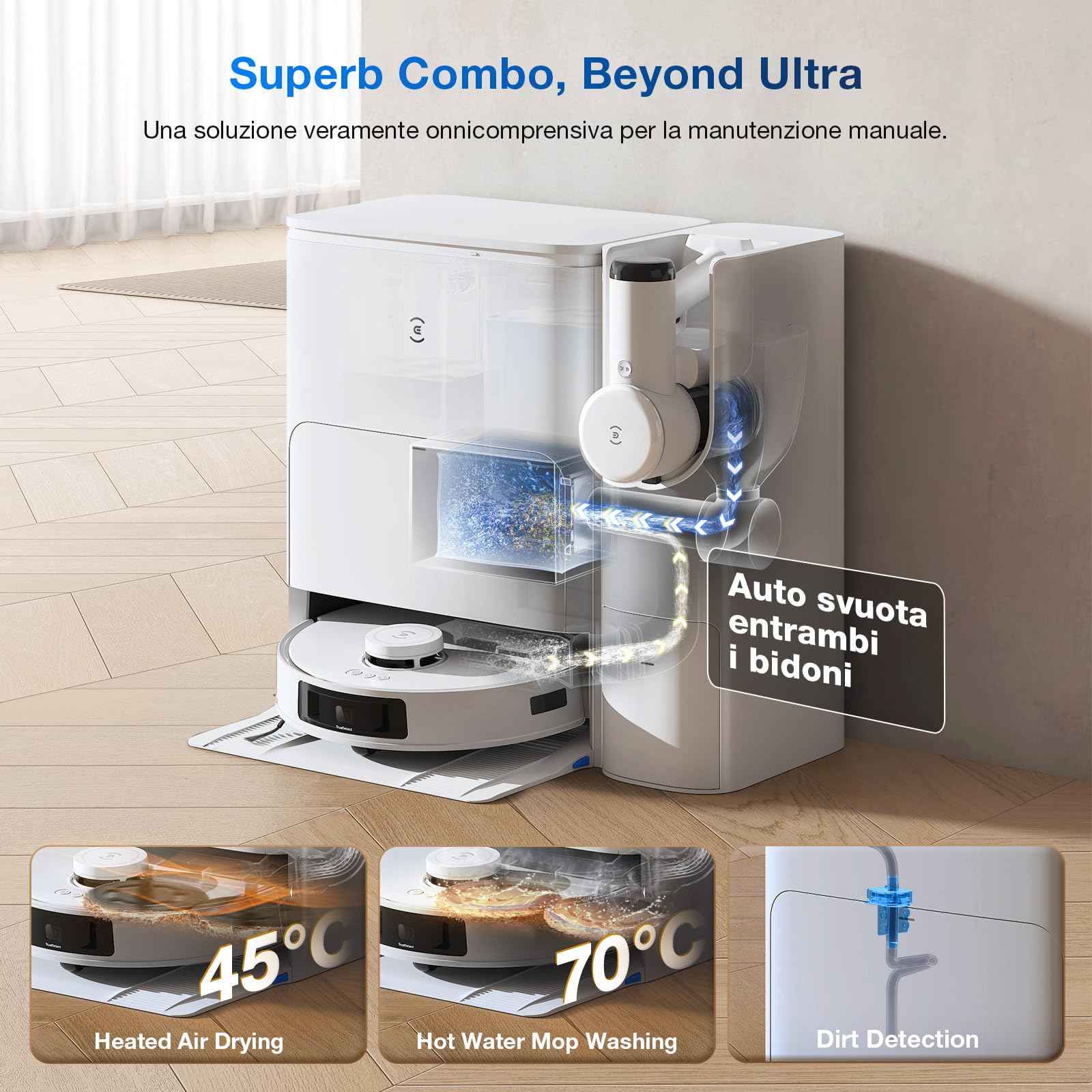 ECOVACS Robot Lavapavimenti e Aspirapolvere DEEBOT T30S COMBO con Hub di Pulizia All-in-One, Doppio Auto-svuotamento, 11000Pa, Anti-grovigli, Lavaggio Mocio ad Acqua Calda a 70°C, Sollevamento Mop 9mm