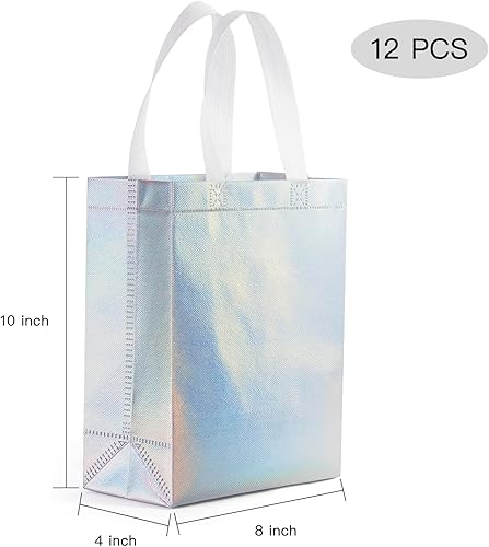 Miniatura 2 de WRAPAHOLIC Paquete de 12 bolsas de regalo reutilizables color plata iridiscente con asas, tamaño mediano de 8 x 4 x 10 pulgadas, perfectas para