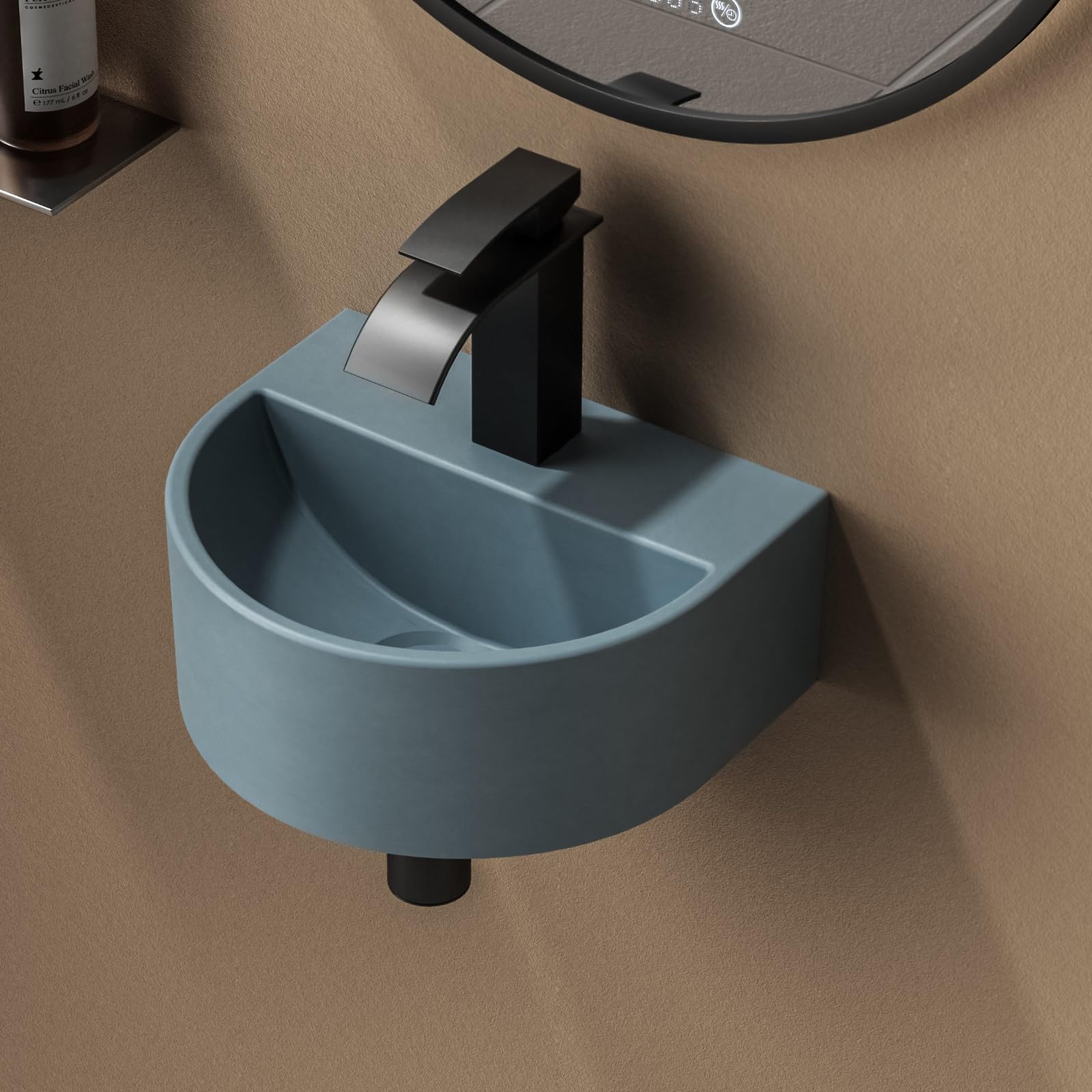 EMKE Lavabo ovalado de 30,3 x 25,5 x 12 cm, lavabo de cerámica para baño de invitados, lavabo colgante de diseño, lavabo colgante azul pastel mate