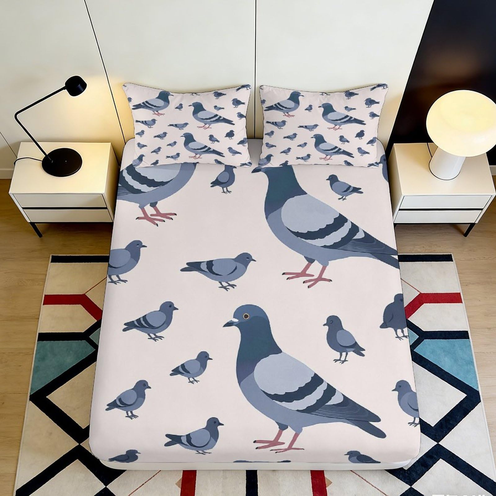 3D Printed Pigeon Pattern Fitted Sheet Microfiber Soft Slip-Resistant Mattress Cover for Bedroom Dorm Decor 90x200x25cm