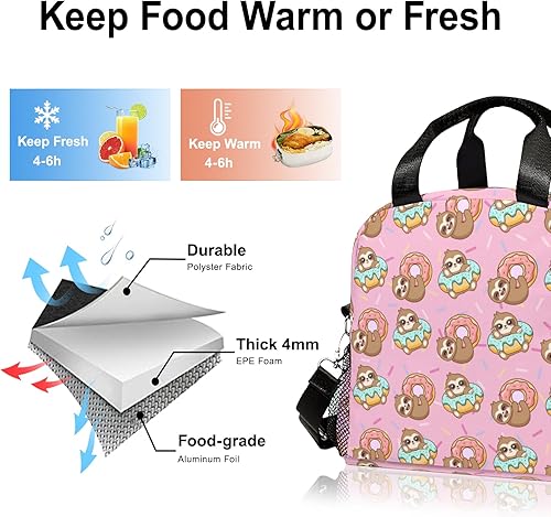 Miniatura 5 de Linda bolsa de almuerzo aislada con forma de dona para niñas, lonchera ligera con correa ajustable para el hombro, bolsa térmica de almuerzo para