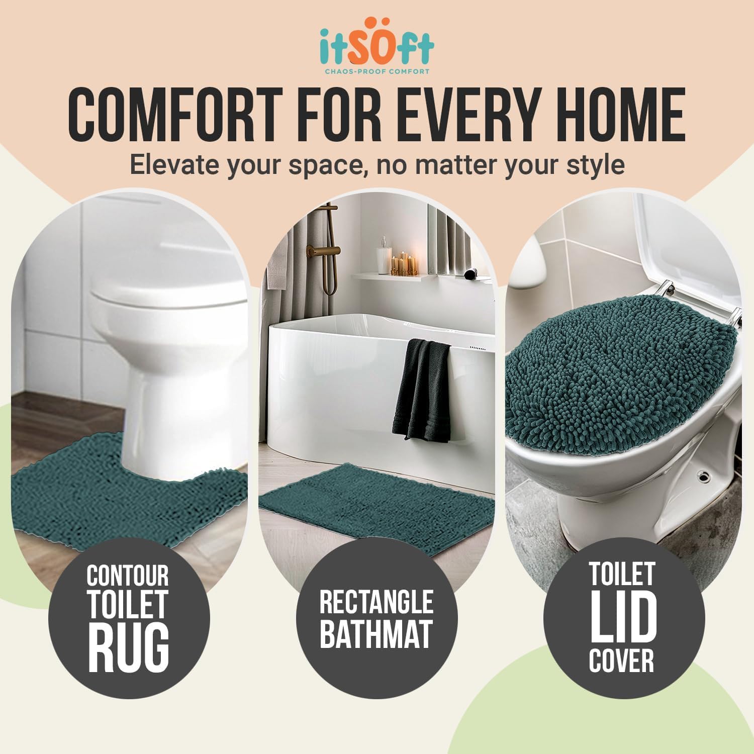 ITSOFT 3pc Non-Slip Shaggy Chenille Bathroom Mat Set, Includes 24"x21" U-Shaped Contour Toilet Rug, 34"x21" Inches Bathmat and 1 Toilet Lid Cover, Teal