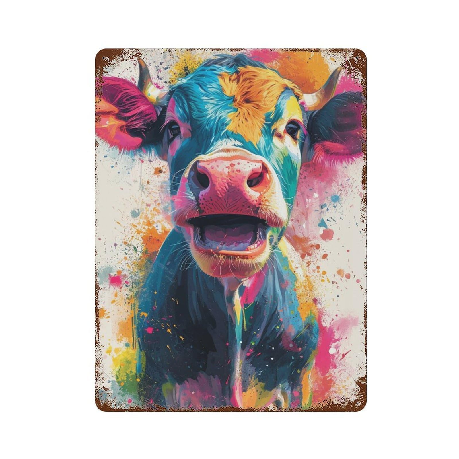 Retro Metal Sign with Colorful Cow Painting Artwork Design 15.7"x11.8", for Farmhouse, Kitchen And Entryway Decor, Shabby Chic Decor