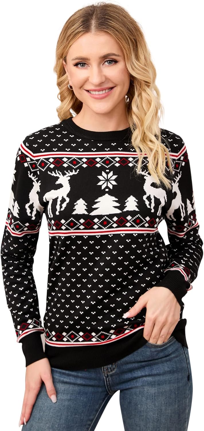 MISSKY Family Christmas Sweater Crew Neck Reindeer Snowflakes Knitted Pullover for Women/Men/Kids