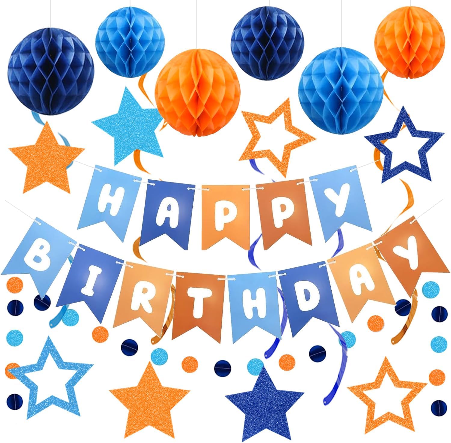 Happy Birthday Decorations, Blue Orange Birthday Banner with Honeycomb Balls, Stars Hanging Swirl Streamers, Circle Dots Garland (Blue Orange)