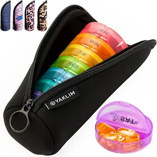 Weekly Pill Organizer 2 Times A Day, Am Pm Pill Container 7 Day with Zipper Neoprene Case for Travel, Round Medicine Organizer, Day Night Pill Holder for Vitamin Fish Oils Supplement (Black)