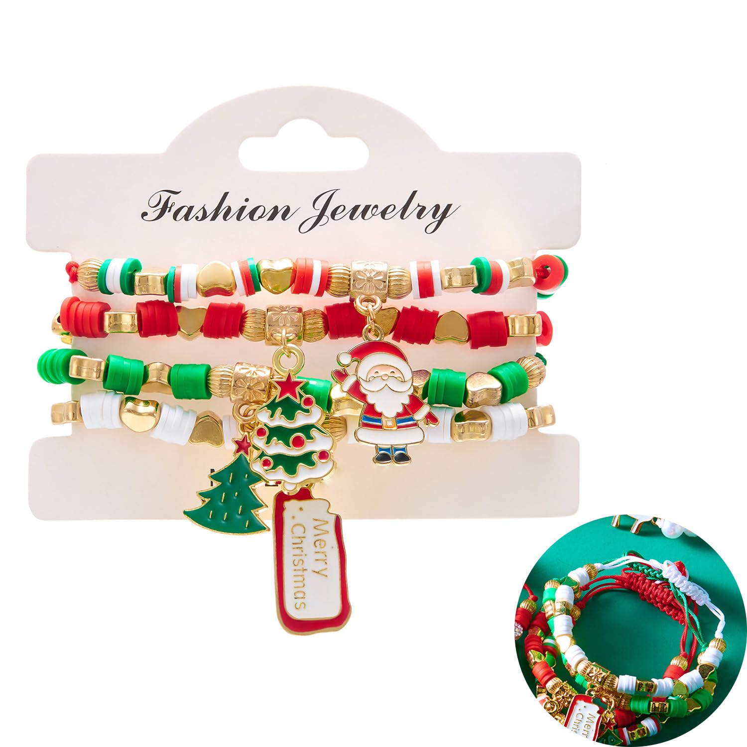 LYMOOR Christmas Bracelet, 4in1 Christmas Bracelets for Kids, Merry Christma Jewelry Charm, Christma Party Bag Fillers, Suitable as a Gift for Daughter and Mother (Colored clay beads)