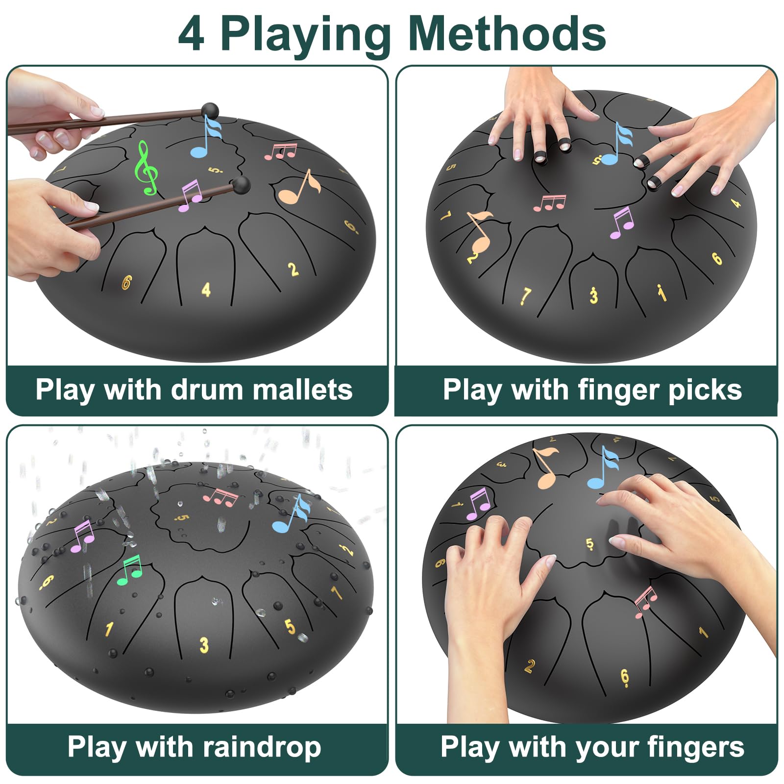 Large Steel Tongue Drum Handpan: 12 Inches 13 Notes Rain Drums for Outside Garden, Meditation Hand Pan with Music Book, Mallets and Carry Bag, Musical Instrument for Adult Kid Gift (Black) 4