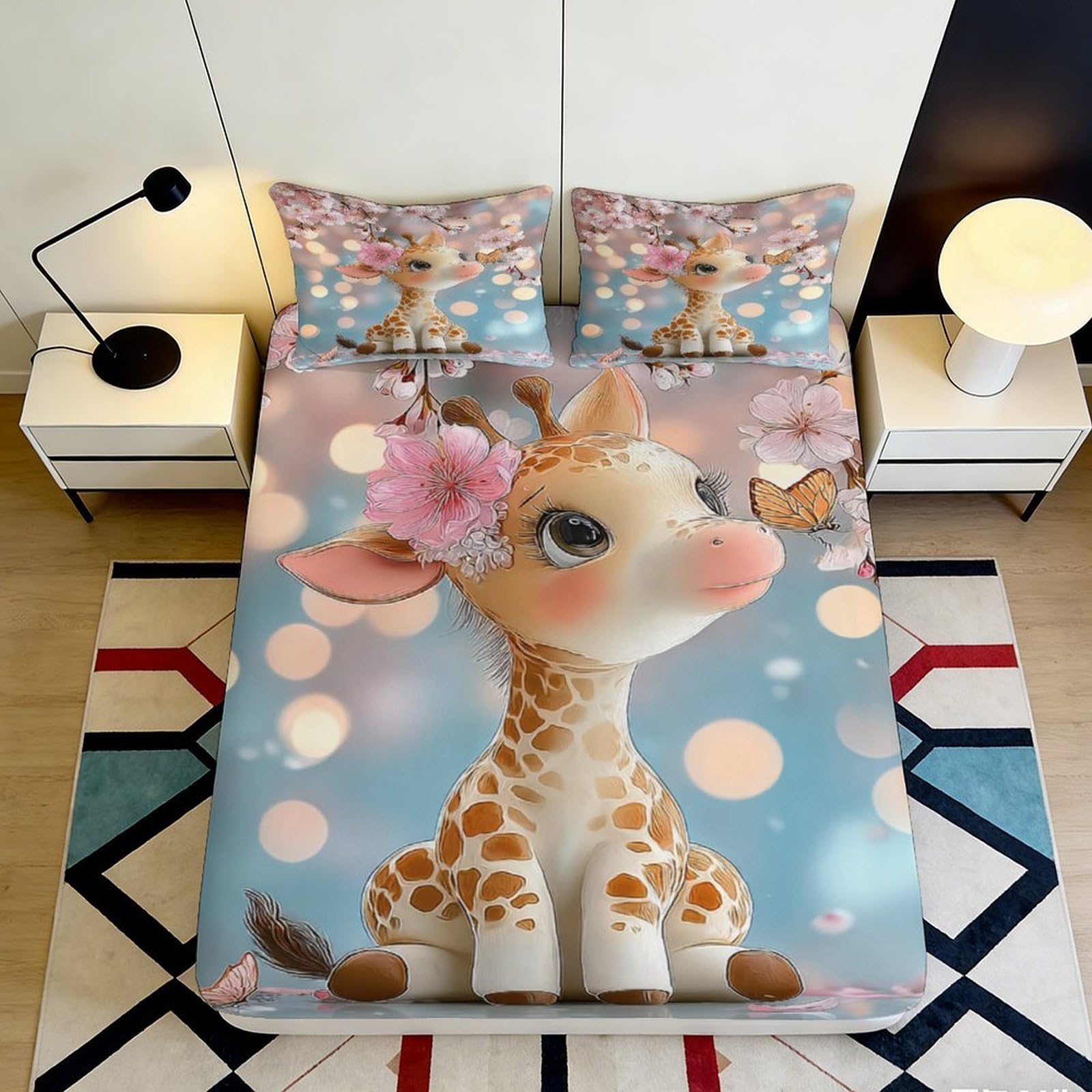 3D Printed Cute Giraffe Blossom Fitted Sheet Microfiber Soft Breathable Butterfly Mattress Cover Bedroom Decor 90x200x25cm