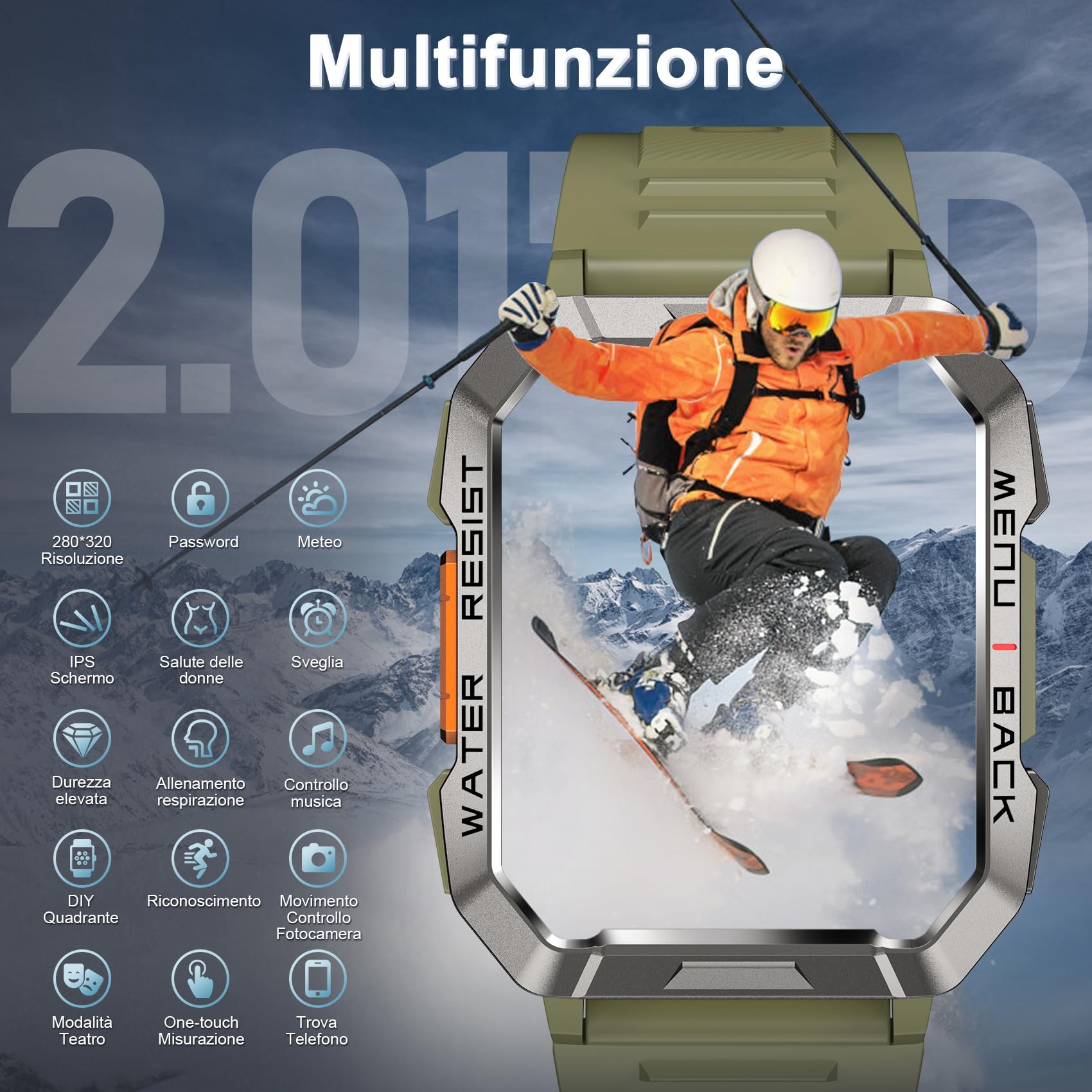 Militare SmartWatch Uomo(Rispondi/Effettua Chiamate), Fitness Tracker con Torcia/Bussola/900mAh Batteria /24H Cardiofrequenzimetro/Sonno/ SpO2/100+ Modalità Sport per Android IOS (2 Cinturini)