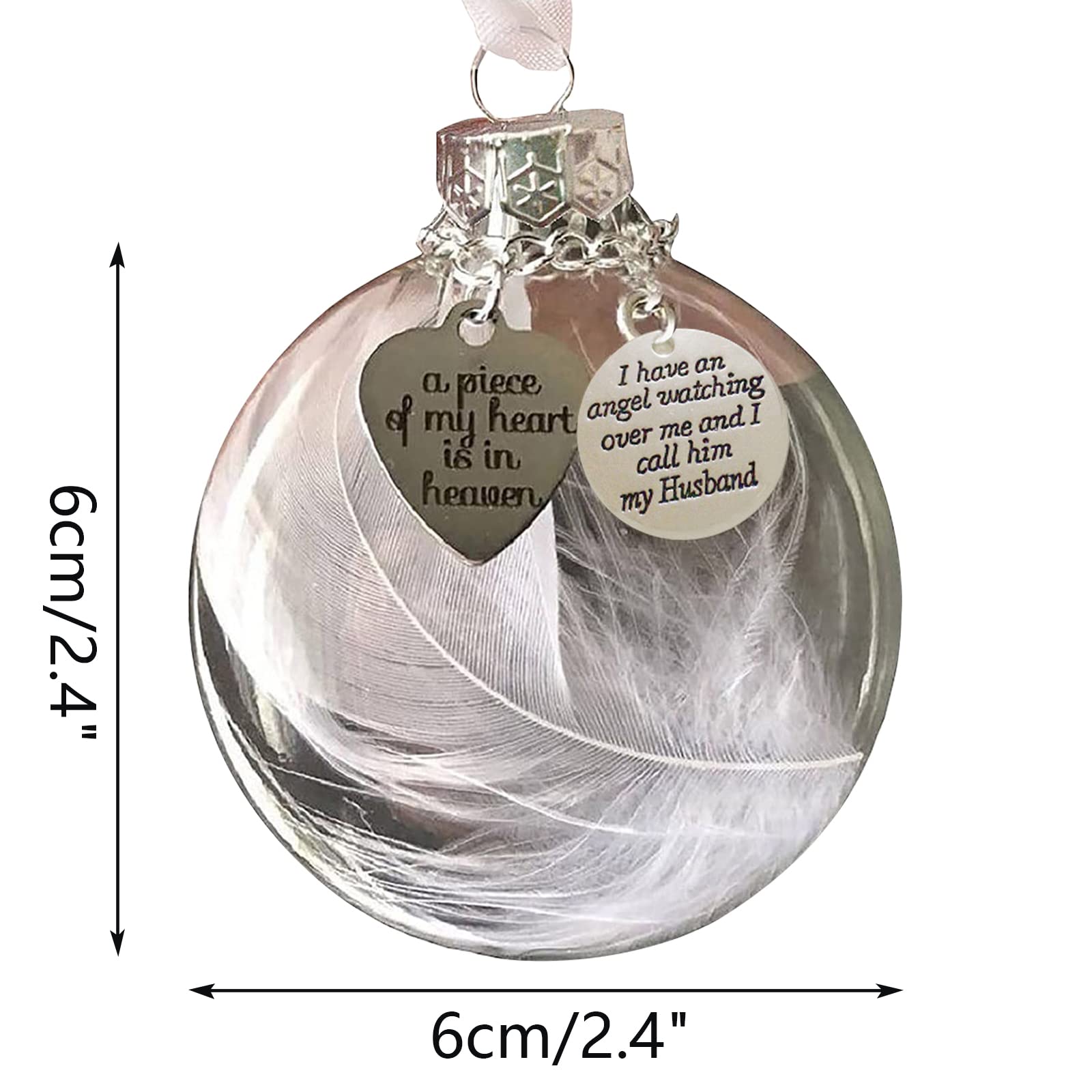 Clear Christmas Memorial Ornament Feather Ball, A Piece of My Heart is in Heaven Loss of Loved One Husband Christmas Tree Hanging Sympathy Gift with Silk Ribbon & Red Gift Box