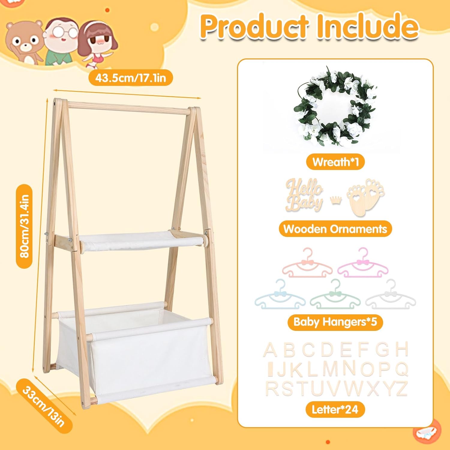 Wooden Baby Shower Crate Closet, Double-Layered Baby Basket with Hangers, Foldable Nursery Storage Crate for Baby Shower, Newborn Clothing Display Rack & Gift Organizer