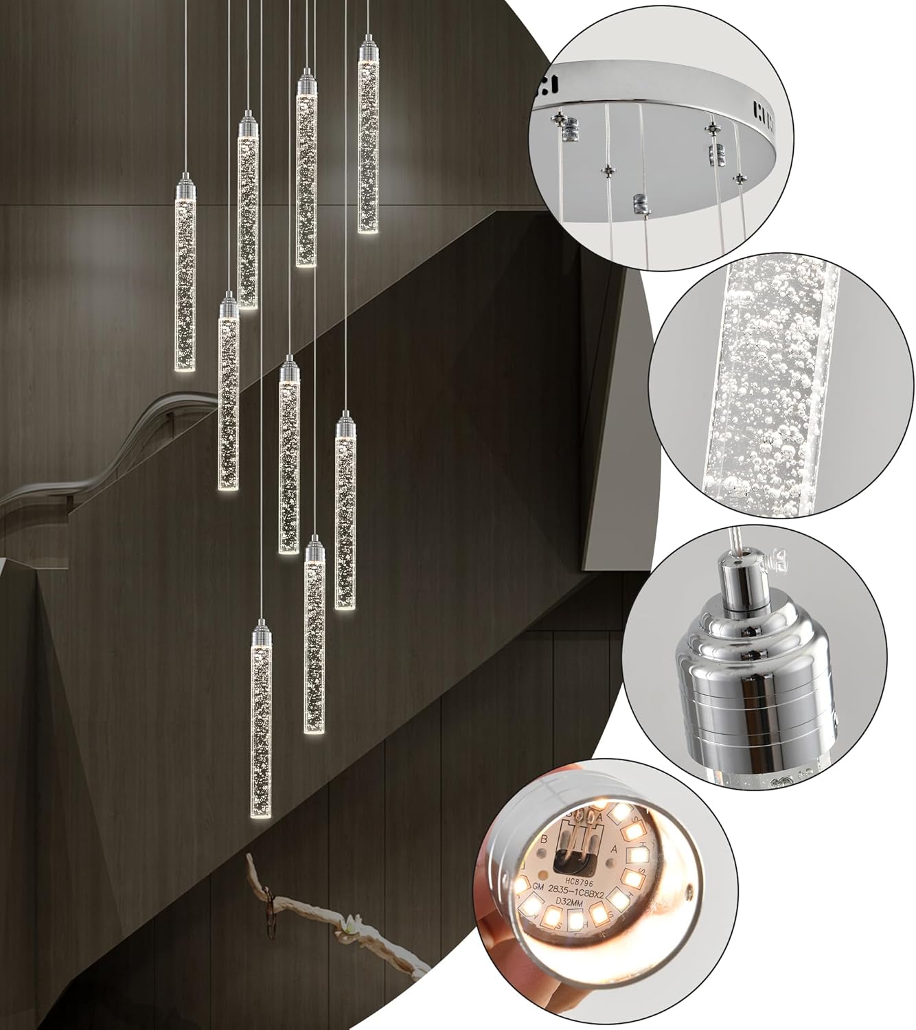 9-Lights High Ceiling Crystal Staircase Chandelier Silver, Modern Spiral Raindrop Dimmable LED Bubble Cluster Ceiling Hanging Lighting Fixture for Foyer Living Room Entrance Remote Control